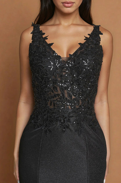Glamorous Evening Dress with Sequin Lace Bodice, V-Neckline and Mermaid Silhouette