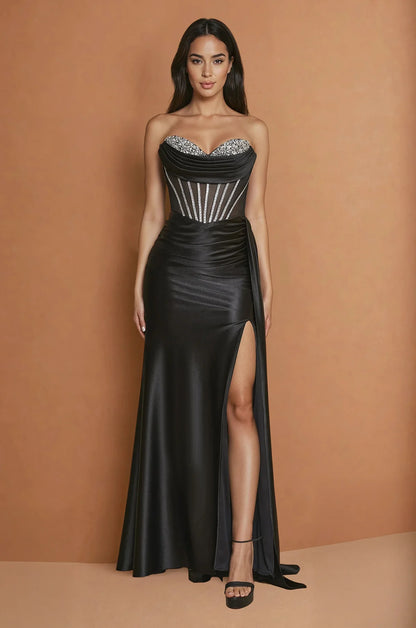 Glamorous Evening Dress with Strapless Beaded Neckline, Corset Bodice and Mermaid Silhouette