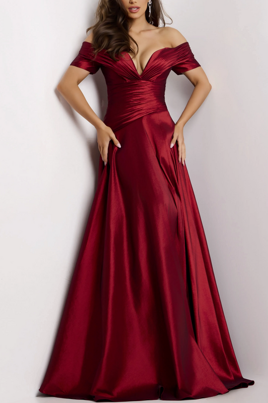 Glamorous Flowing A-Line Off-the-Shoulder Short Sleeve Ruched Back Floor-Length Evening Dress