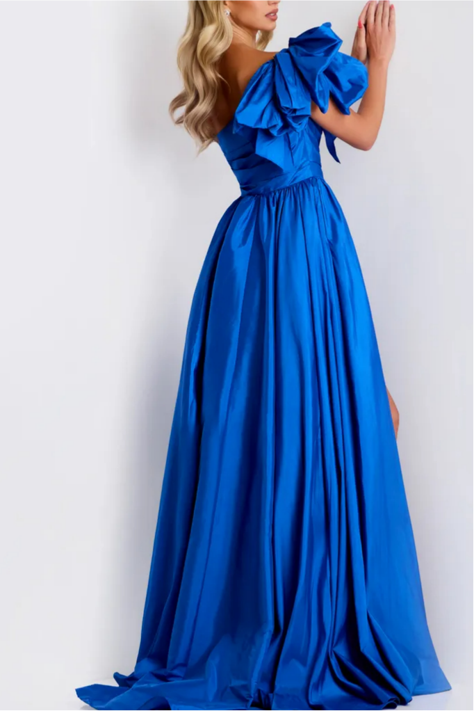 Glamorous Flowing A-Line One-Shoulder Ruffled Sleeve High Slit Floor-Length Evening Dress
