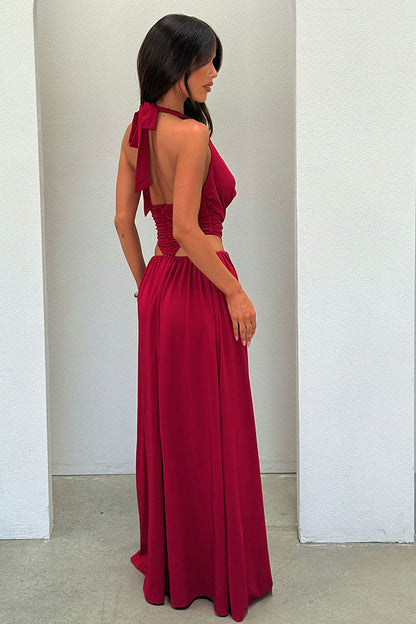 Glamorous Flowing Halter Cowl Neck Sleeveless Tie-Back Cutout Maxi Evening Dress