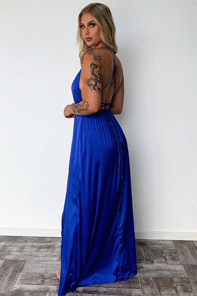 Glamorous Flowy A-Line Halter Neck Sleeveless Backless Floor-Length High Slit Satin Evening Dresses