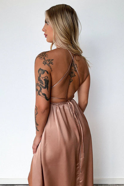 Glamorous Flowy A-Line Halter Neck Sleeveless Backless Floor-Length High Slit Satin Evening Dresses