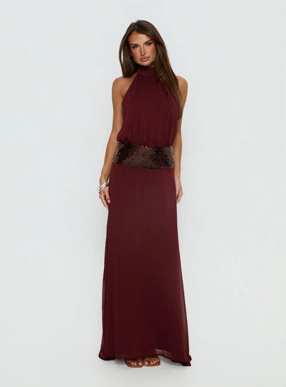 Glamorous Flowy High Neck Sleeveless Open Back Sequin Chiffon Maxi Evening Dress