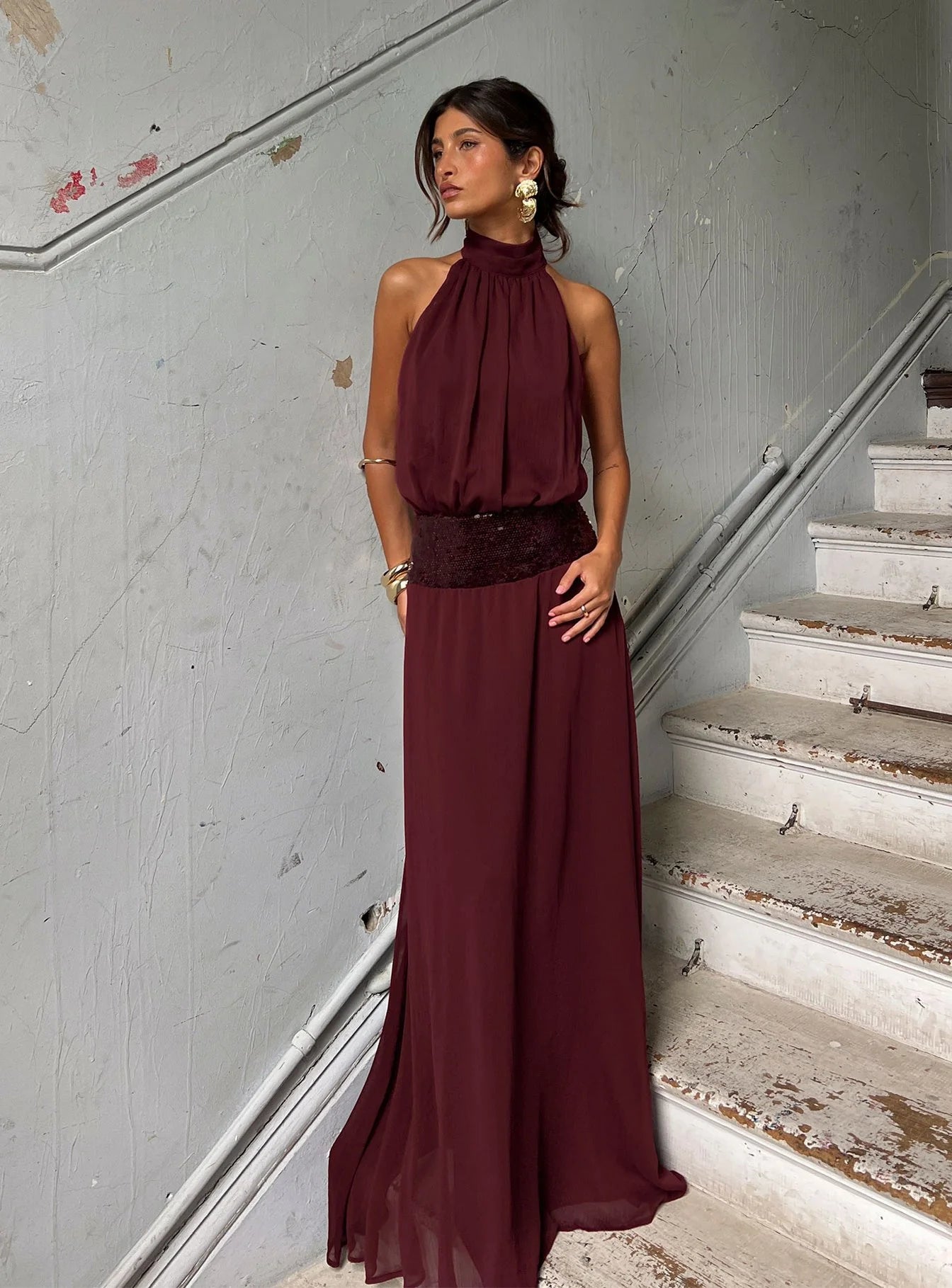 Glamorous Flowy High Neck Sleeveless Open Back Sequin Chiffon Maxi Evening Dress