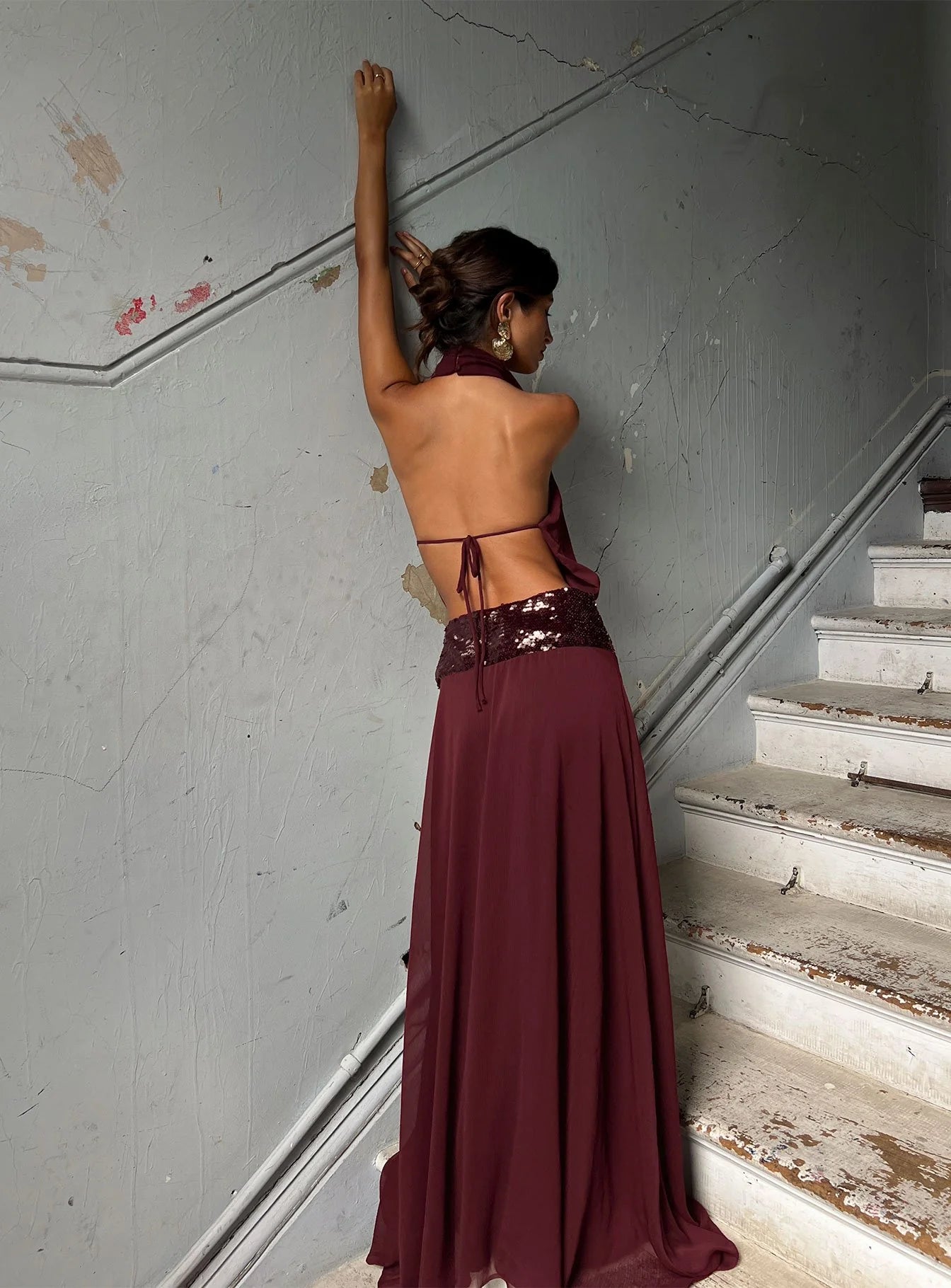 Glamorous Flowy High Neck Sleeveless Open Back Sequin Chiffon Maxi Evening Dress