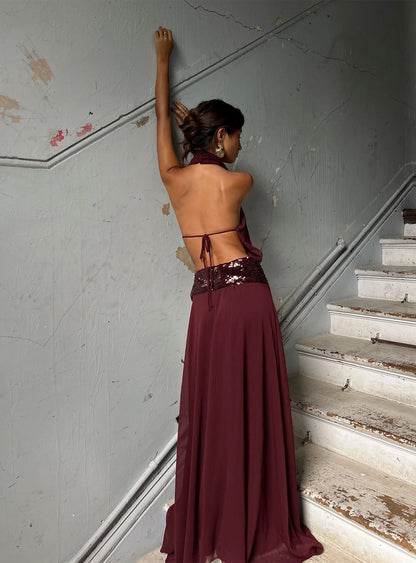 Glamorous Flowy High Neck Sleeveless Open Back Sequin Chiffon Maxi Evening Dress