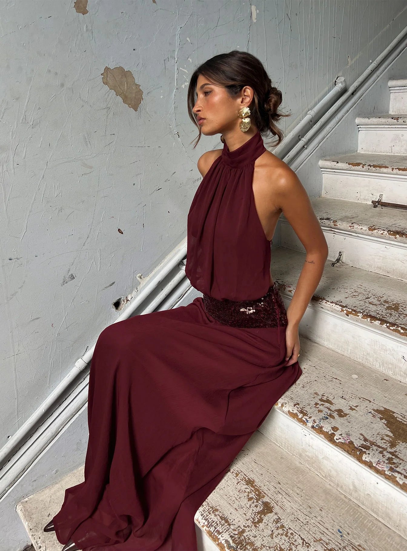Glamorous Flowy High Neck Sleeveless Open Back Sequin Chiffon Maxi Evening Dress