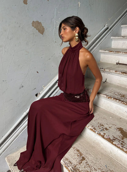 Glamorous Flowy High Neck Sleeveless Open Back Sequin Chiffon Maxi Evening Dress