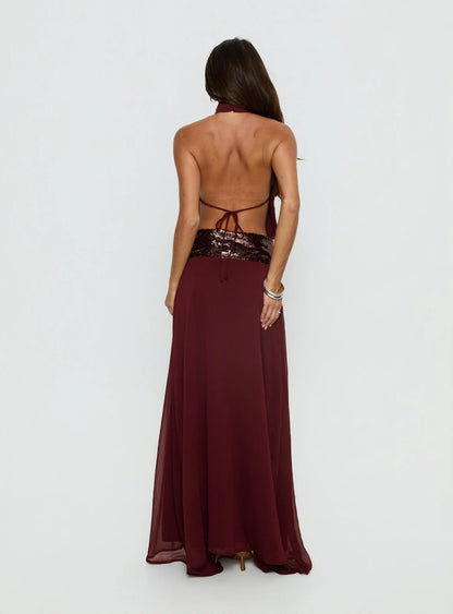 Glamorous Flowy High Neck Sleeveless Open Back Sequin Chiffon Maxi Evening Dress