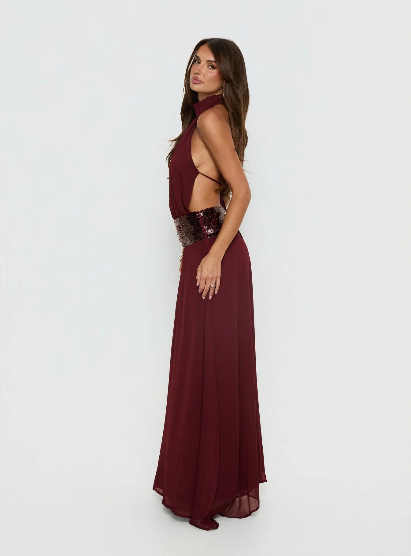Glamorous Flowy High Neck Sleeveless Open Back Sequin Chiffon Maxi Evening Dress