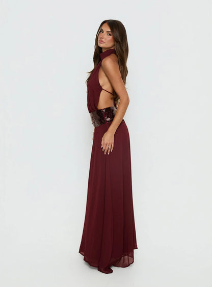 Glamorous Flowy High Neck Sleeveless Open Back Sequin Chiffon Maxi Evening Dress