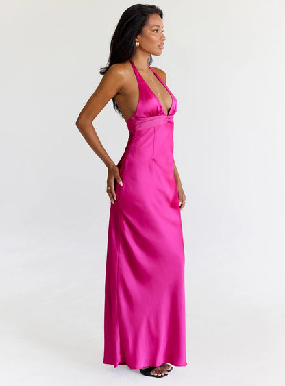 Glamorous Form-Fitting Halter V-Neck Sleeveless Open Back Maxi Evening Dress