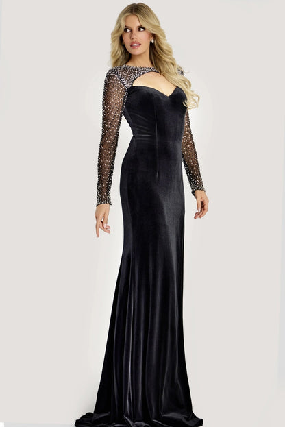 Glamorous Form-Fitting Sweetheart Beaded Long Sleeve Cutout Back Floor-Length Evening Dress