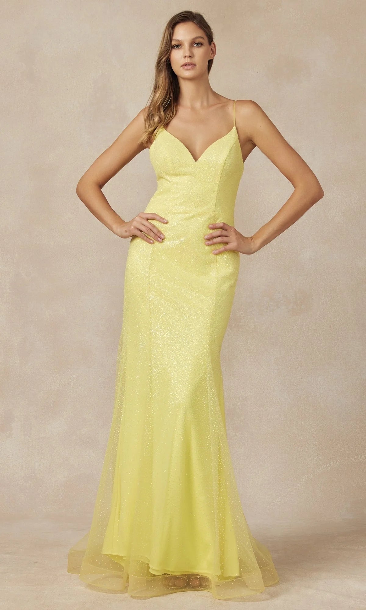 Glamorous Glitter Mermaid V-Neck Spaghetti Strap Zipper Back Floor-Length Prom Dress