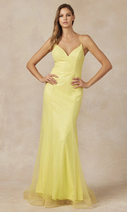 Glamorous Glitter Mermaid V-Neck Spaghetti Strap Zipper Back Floor-Length Prom Dress