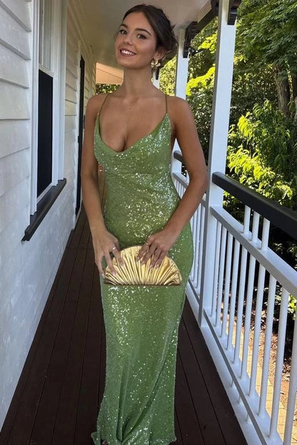 Glamorous Green Sequin Mermaid Prom Dress with Cowl Neck and Open Back