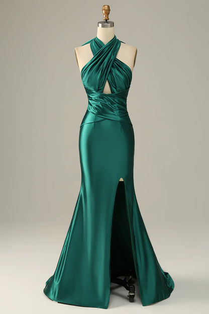 Glamorous Halter Neck Cutout Satin Mermaid Prom Dresses with Back Bow and High Slit