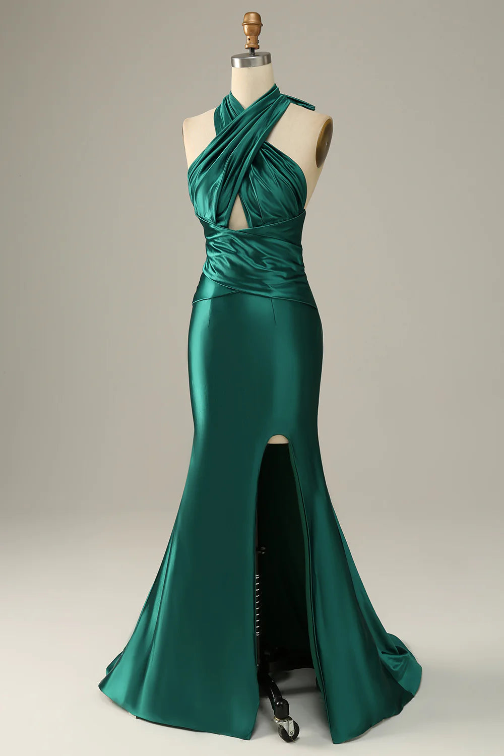 Glamorous Halter Neck Cutout Satin Mermaid Prom Dresses with Back Bow and High Slit