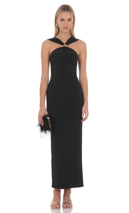 Glamorous Halter Neck Twist Front Gold Ring Detail Open Back Stretch Crepe Bodycon Floor-length Evening Dresses