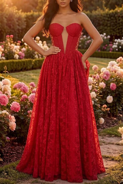 Glamorous Lace Flowy Sweetheart Neck Strapless Lace-Up Back Floor-Length Evening Dress with Plunge Detail for Formal Events
