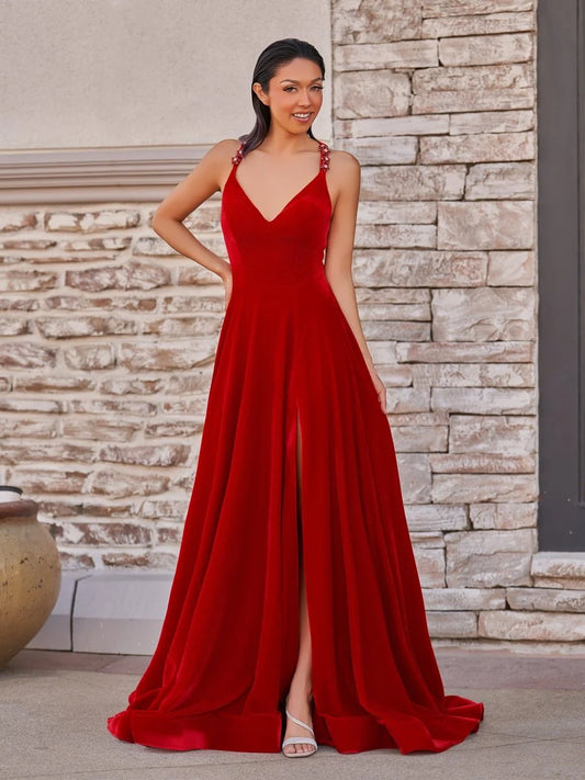 Glamorous Luxe Velvet Flowy A-Line Deep V-Neck Sleeveless Beaded Spaghetti Straps Crisscross Lace-Up Back High Slit Floor-Length Maxi Formal Prom Dresses