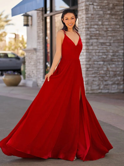Glamorous Luxe Velvet Flowy A-Line Deep V-Neck Sleeveless Beaded Spaghetti Straps Crisscross Lace-Up Back High Slit Floor-Length Maxi Formal Prom Dresses
