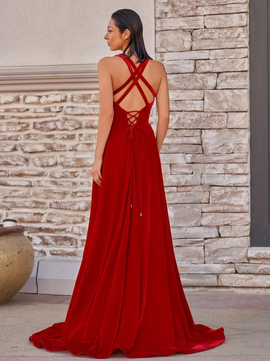 Glamorous Luxe Velvet Flowy A-Line Deep V-Neck Sleeveless Beaded Spaghetti Straps Crisscross Lace-Up Back High Slit Floor-Length Maxi Formal Prom Dresses