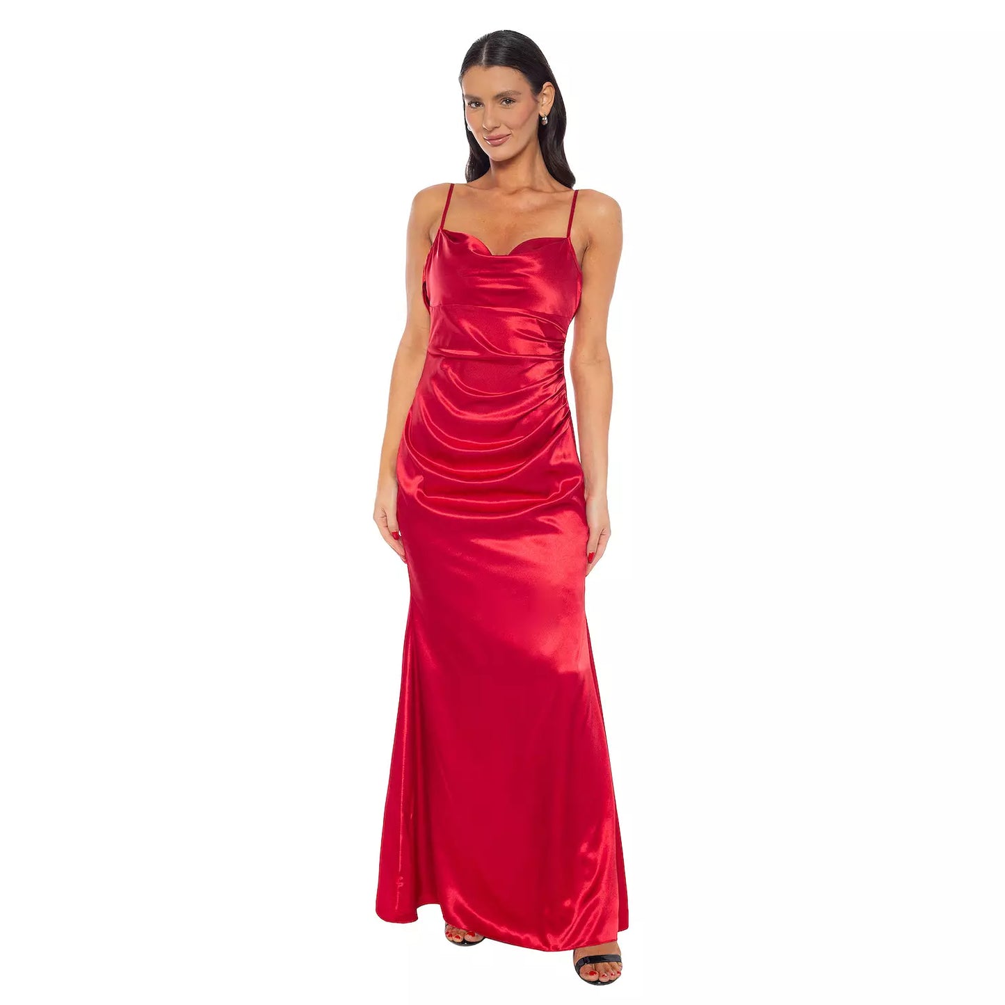Lustrous Satin Mermaid Cowl Neck Spaghetti Strap Low Back Floor Length Evening Gown