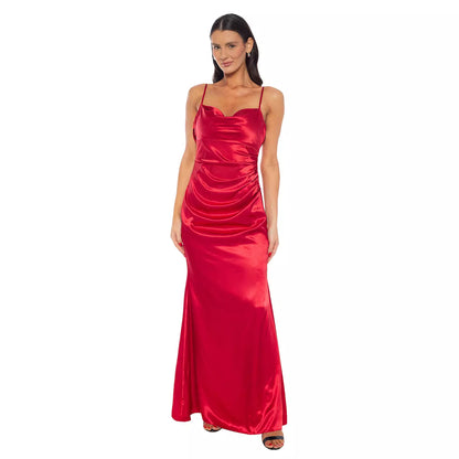 Lustrous Satin Mermaid Cowl Neck Spaghetti Strap Low Back Floor Length Evening Gown
