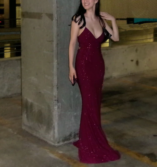 Glamorous Mermaid Deep-V Spaghetti-Strap Lace-Up-Back Slit Burgundy Sequin Prom Dress
