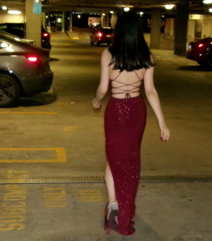 Glamorous Sequin Mermaid Deep-V Spaghetti-Strap Lace-Up-Back Slit Burgundy Prom Dress