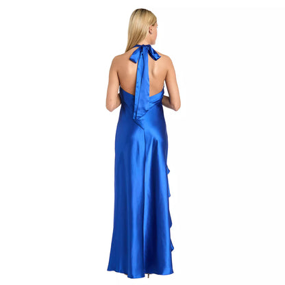 Glamorous Satin Mermaid Halter Neck Bow Tie Back High Slit Floor Length Evening Dress