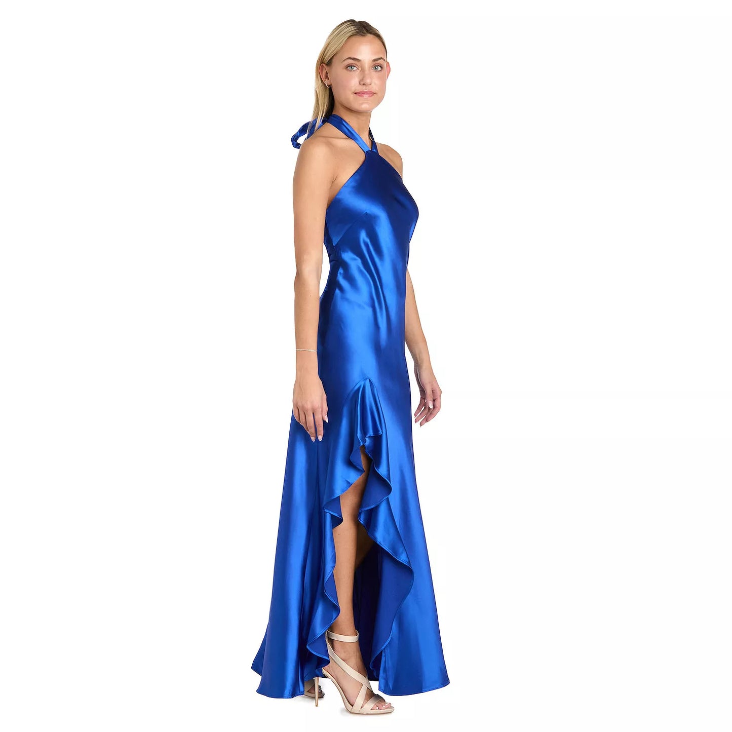 Glamorous Satin Mermaid Halter Neck Bow Tie Back High Slit Floor Length Evening Dress