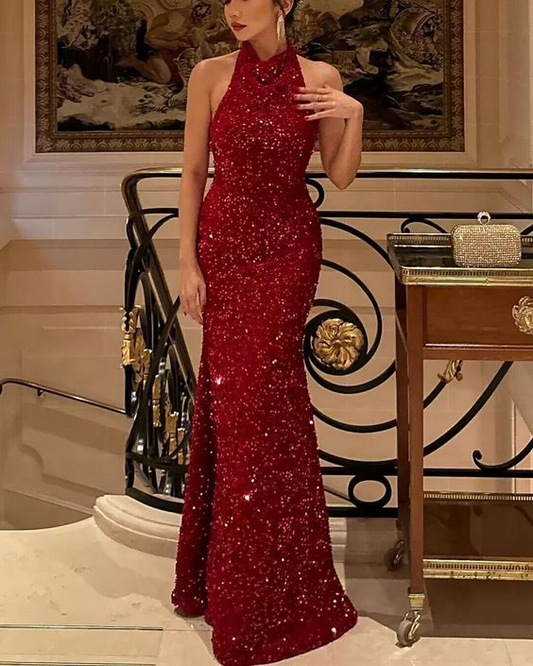 Glamorous Mermaid Halter Neck Sleeveless Open Back Floor Length Sequin Evening Dress