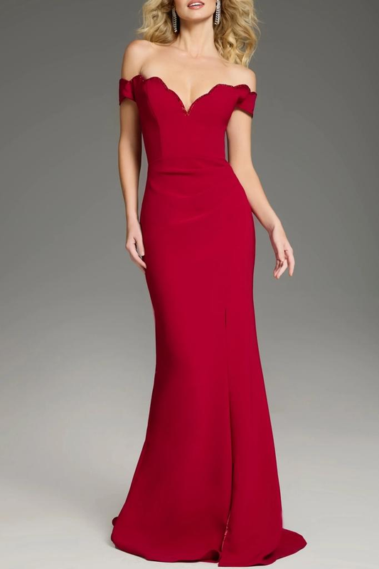 Glamorous Mermaid Off-the-Shoulder Short Sleeve Beaded Scallop High Slit Floor-Length Evening Dress