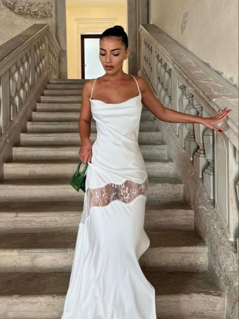 Glamorous Mermaid Prom Dress Spaghetti Straps Cowl Neck Lace Cutout Open Back Floor Length