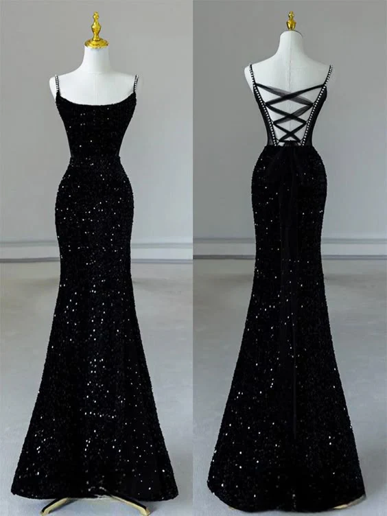 Sparkling Black Sequin Mermaid Scoop Neck Lace-Up Floor Length Prom Dress