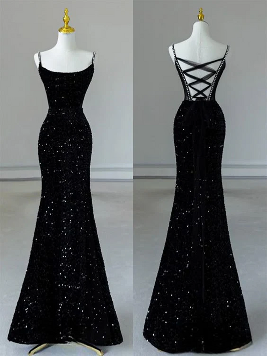 Glamorous Mermaid Scoop Neck Spaghetti Straps Lace-Up Back Floor Length Sequin Prom Dress
