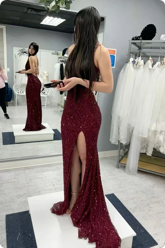 Glamorous Sequin Mermaid Scoop Neck Lace-Up Slit Burgundy Floor Length Prom Dress