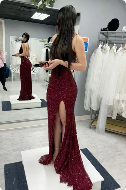Glamorous Sequin Mermaid Scoop Neck Lace-Up Slit Burgundy Floor Length Prom Dress
