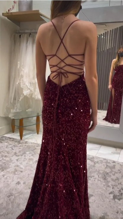 Glamorous Sequin Mermaid Scoop Neck Lace-Up Slit Burgundy Floor Length Prom Dress