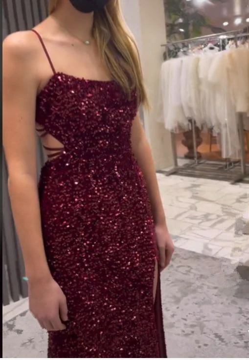 Glamorous Mermaid Scoop Neck Spaghetti Straps Lace Up Back Slit Floor Length Sequin Prom Dress