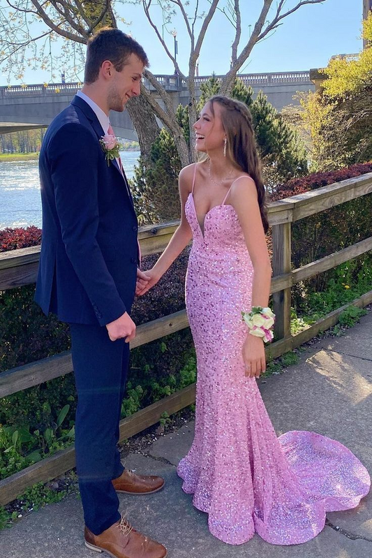 Glamorous Mermaid Spaghetti Strap Plunging Neck Open Back Sequin Floor Length Prom Dress