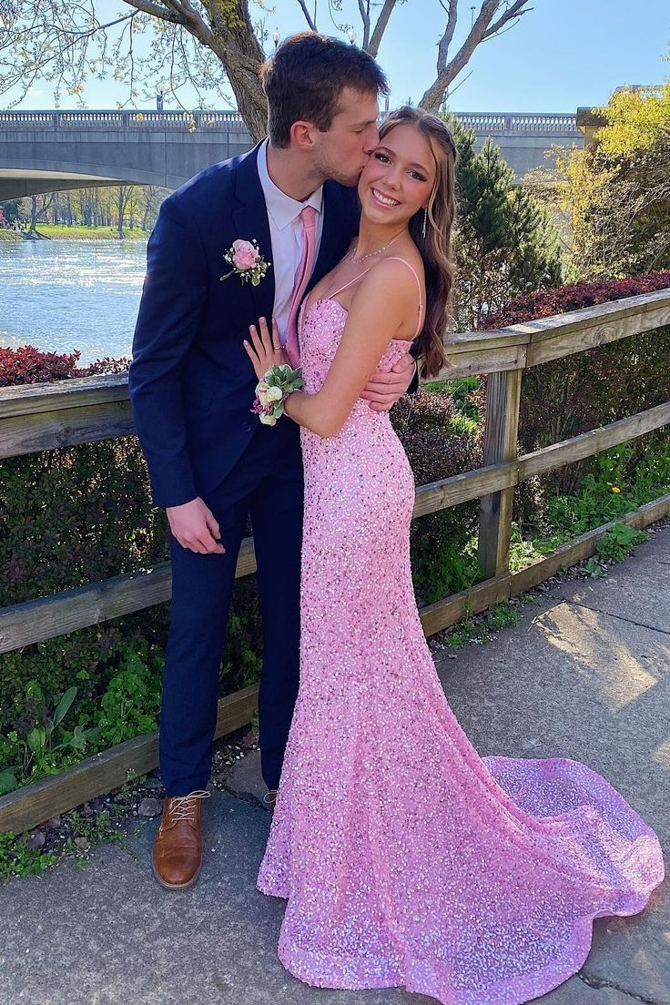 Glamorous Mermaid Spaghetti Strap Plunging Neck Open Back Sequin Floor Length Prom Dress