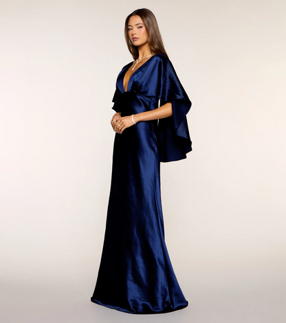 Glamorous Satin Mermaid V Neck Cape Sleeves Floor Length Evening Dress