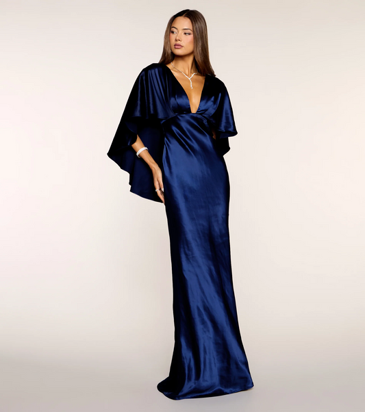 Glamorous Mermaid V Neck Cape Sleeves Simple Back Floor Length Evening Dress