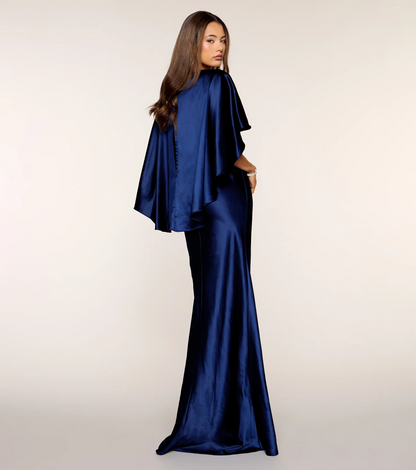 Glamorous Satin Mermaid V Neck Cape Sleeves Floor Length Evening Dress