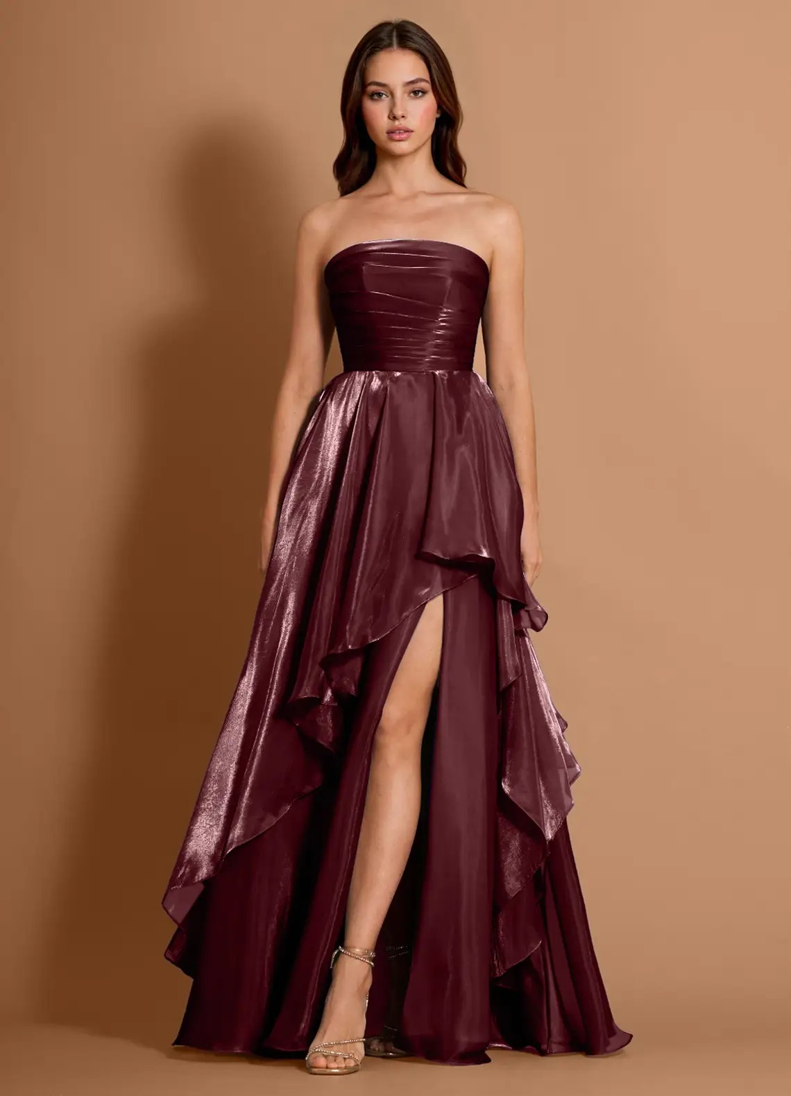 Glamorous Metallic Satin Convertible Strapless Ruched Bodice Ruffled High Slit Lace-Up Back Prom Dress