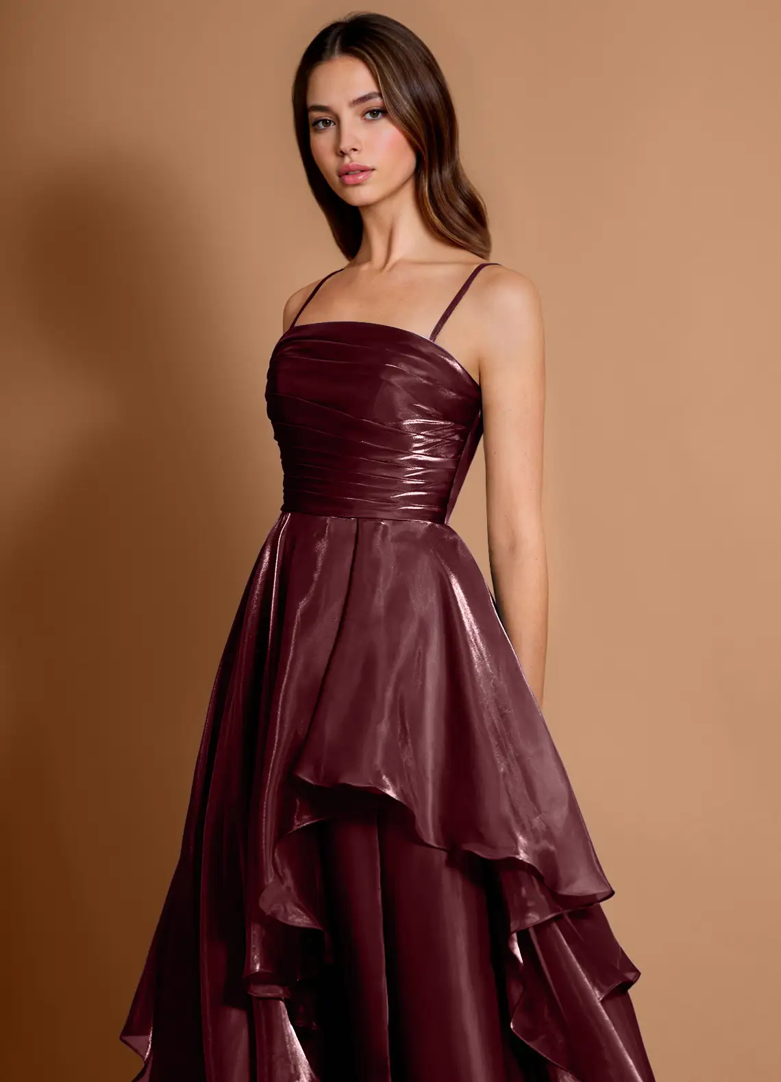 Glamorous Metallic Satin Convertible Strapless Ruched Bodice Ruffled High Slit Lace-Up Back Prom Dress